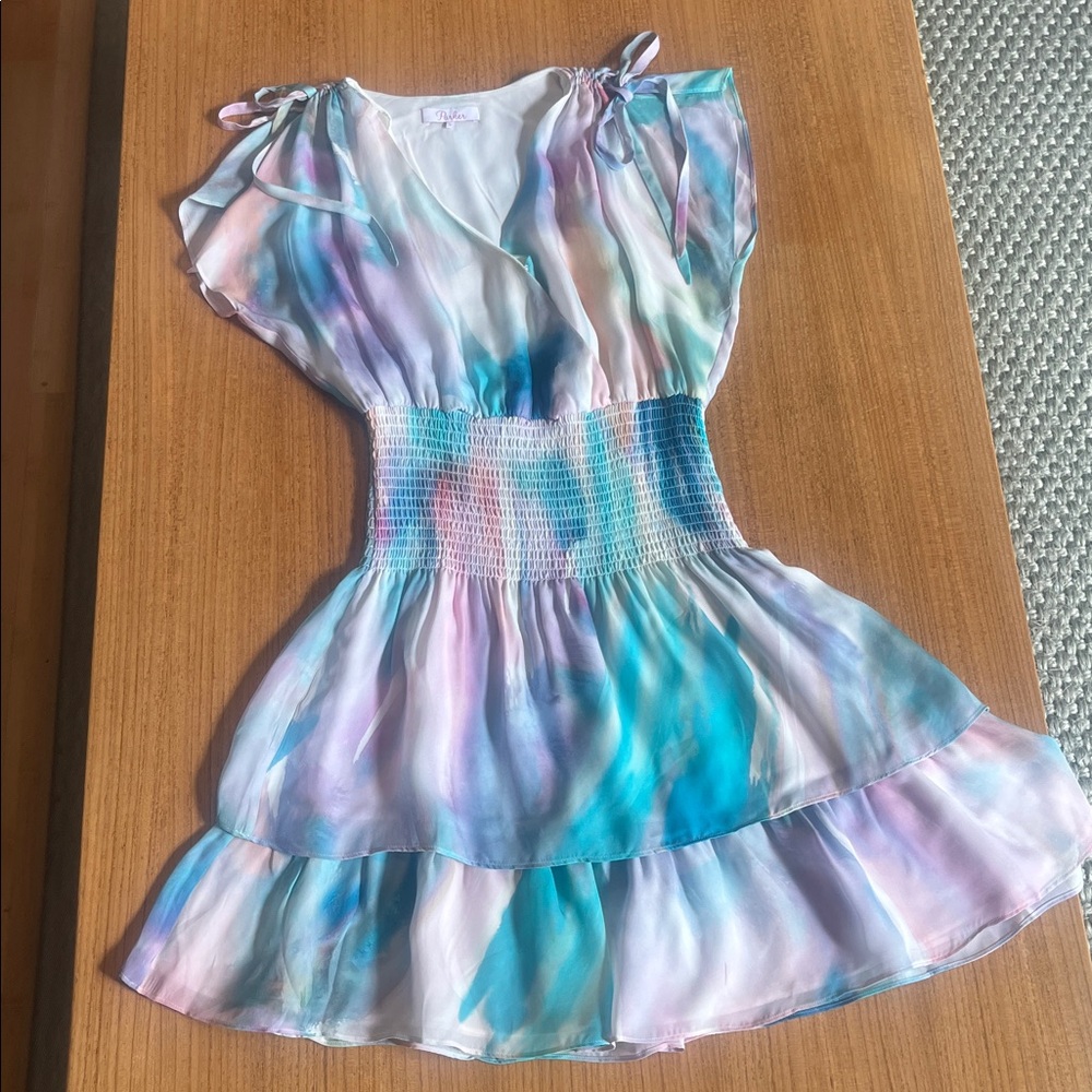 Parker Pastel Watercolor Tiered V-Neck Mini Dress, Drawstring Shoulder, Size S